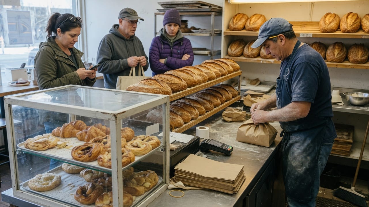 A baker bags a loaf at the steel counter of a busy neighborhood bakery while customers wait