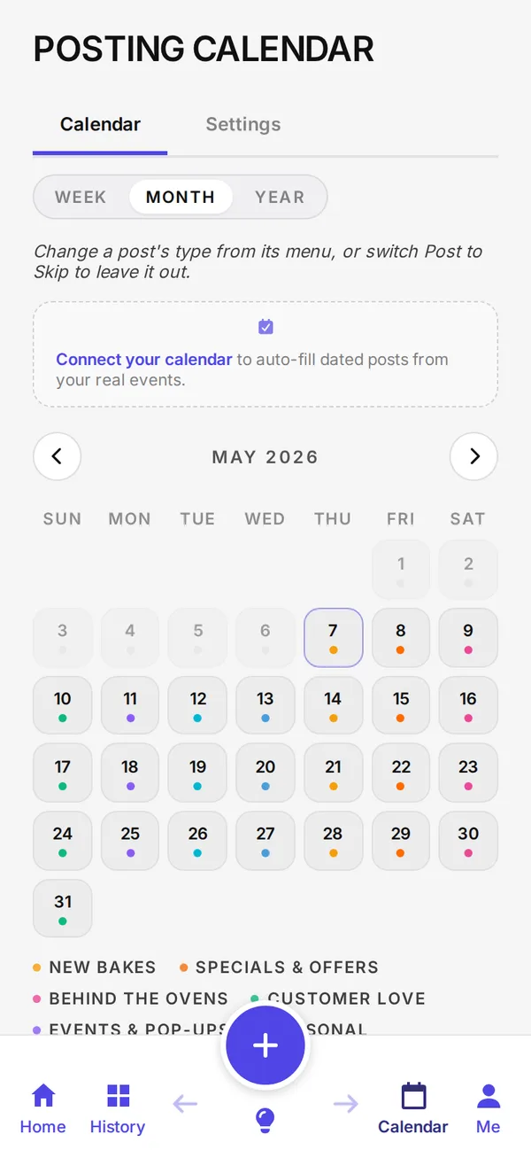 The posting calendar on a phone: one client’s month, each day coloured by its category