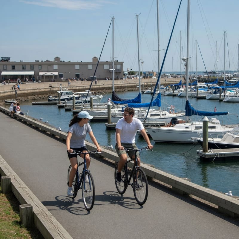 Two friends ride bicycles along a harbor path past sailboats