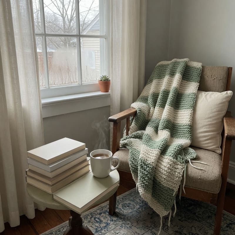 An armchair by a window with a knitted blanket, tea and a stack of books
