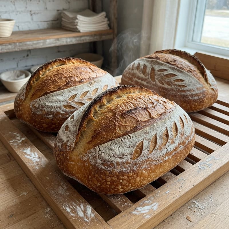 Three sourdough loaves with scored golden crusts cooling on a wooden rack
